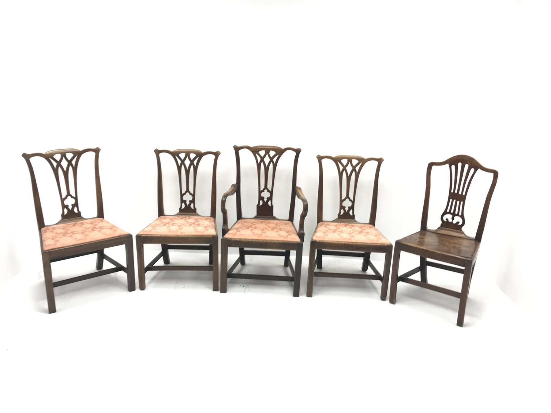 Set four Victorian mahogany dining chairs, shaped cresting rail and pierced splat, upholstered seat, - Image 2 of 3