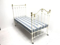 Victorian style cream metal and brass single bedstead with box base