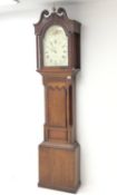 Early 19th century oak and mahogany banded longcase clock, stepped arch convex Roman dial signed 'A.
