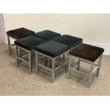 Five small upholstered stools with polished metal bases, 37cm x 37cm, H48cm
