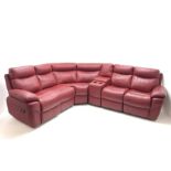 Large corner sofa upholstered in red leather, in built storage unit,