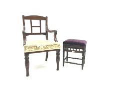 19th Century mahogany arm chair, upholstered seat, turned supports (W57cm) and an Edwardian stool (2