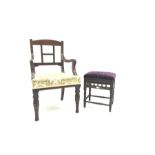 19th Century mahogany arm chair, upholstered seat, turned supports (W57cm) and an Edwardian stool (2