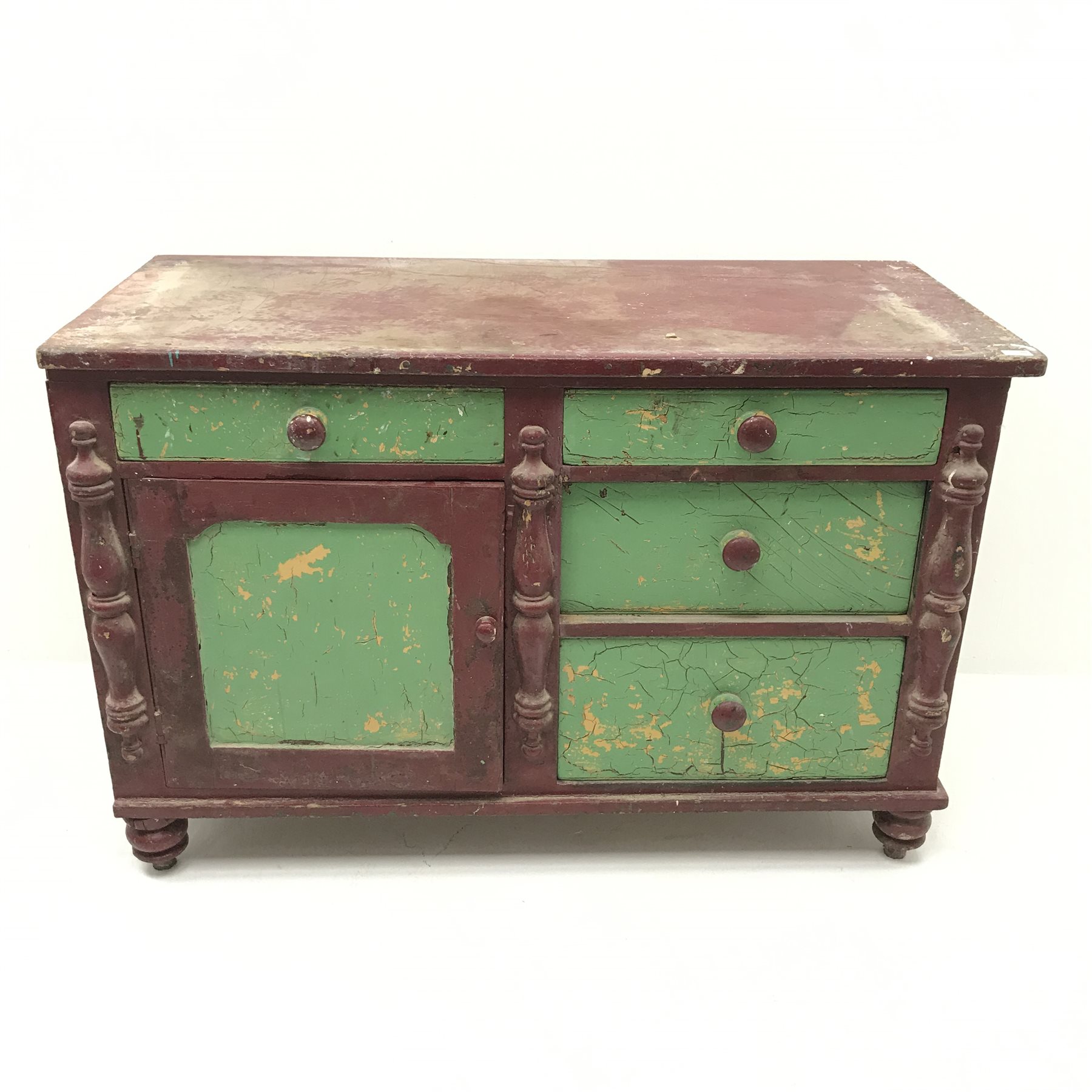 Victorian painted pine dresser base, four graduating drawers, single cupboard, turned supports, W135 - Image 2 of 3