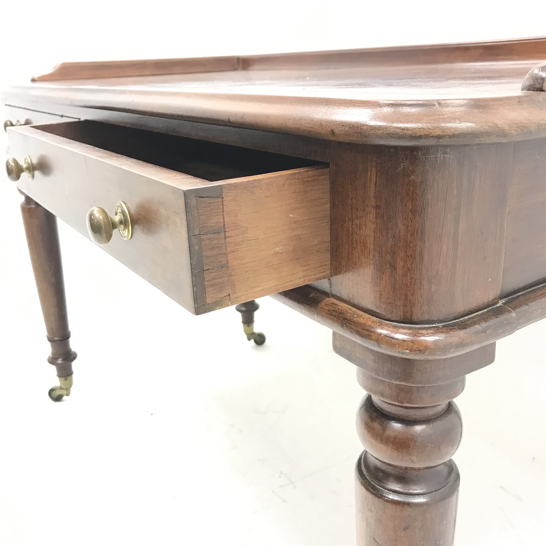 Victorian mahogany figured two drawer writing desk side table, fitted with two drawers, W124cm, D61c - Image 3 of 3