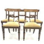 Set five early 19th century mahogany dining chairs, figured back rests above scroll and leaf carved