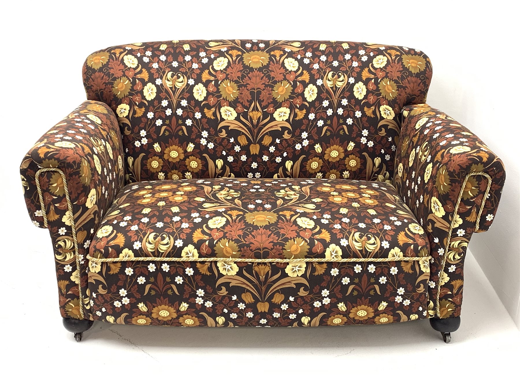 Early 20th century two seat drop end settee upholstered in Willam Morris style patterned fabric, tur - Image 2 of 4