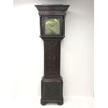 19th century heavily carved oak longcase clock, projecting dentil cornice over scrolled acanthus car