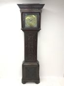 19th century heavily carved oak longcase clock, projecting dentil cornice over scrolled acanthus car