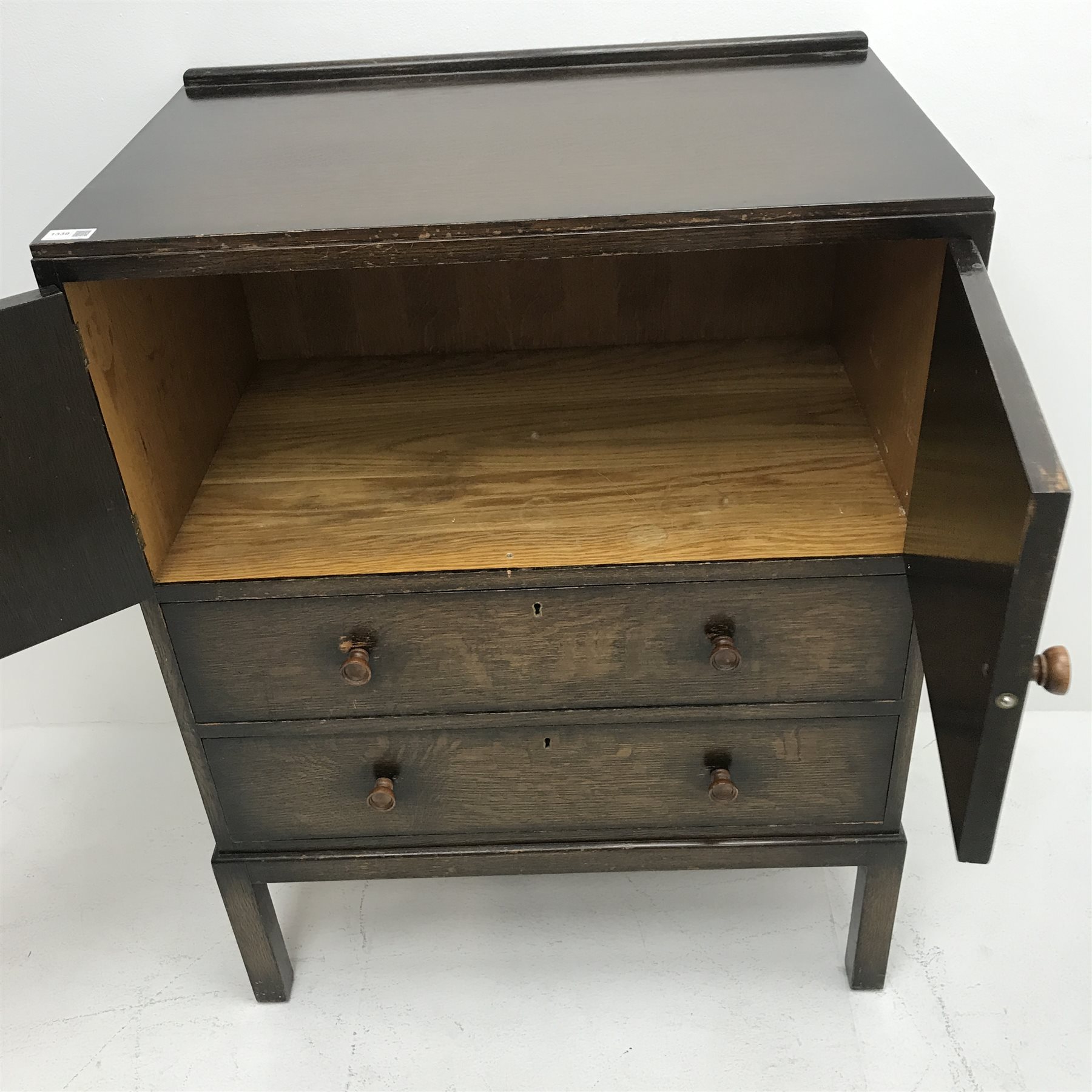 Early 20th century oak tall boy, double cupboard above two drawers, W76cm, H100cm, D48cm - Image 3 of 4