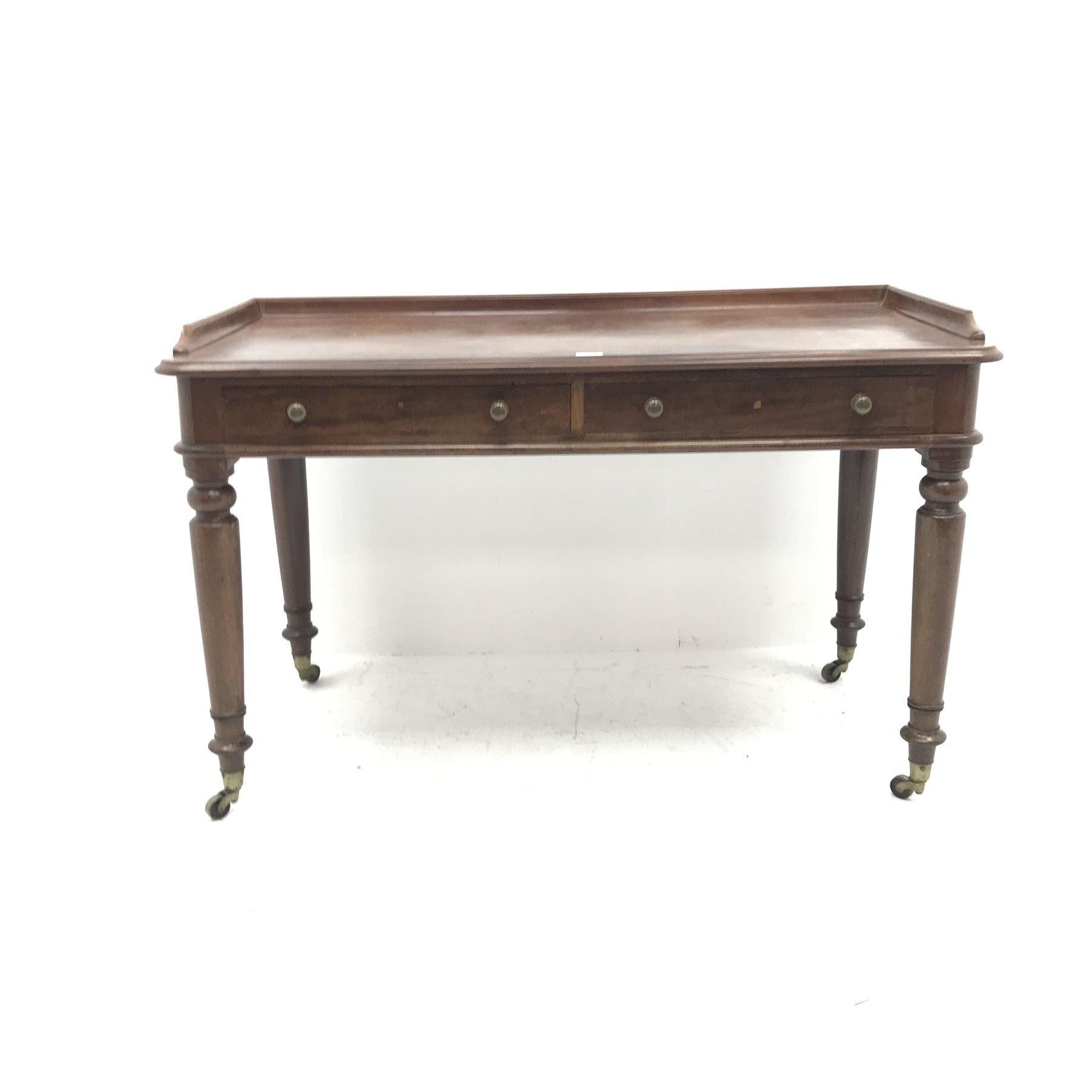 Victorian mahogany figured two drawer writing desk side table, fitted with two drawers, W124cm, D61c - Image 2 of 3