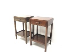 Pair mid 20th century teak bedside lamp stands, W44cm, H71cm, D36cm