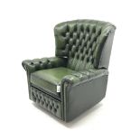 Georgian style wingback reclining armchair upholstered in deeply buttoned green leather, W94cm