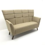 High back three seat sofa upholstered in a neutral fabric with contrasting piping (W199cm) and a mat