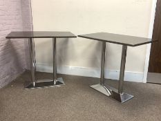 Two rectangular top café bistro table on polished metal bases, 120cm x 68cm, H105cm