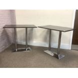 Two rectangular top café bistro table on polished metal bases, 120cm x 68cm, H105cm