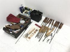 A quantity of Robert Sorby and Crown turned chisels, various other hand tools and chucks