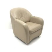 Tub armchair upholstered in a mocha leather with chrome supports, W80cm