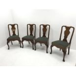 Set four mid 20th century walnut dining chairs, shaped cresting rail and splat, upholstered drop in