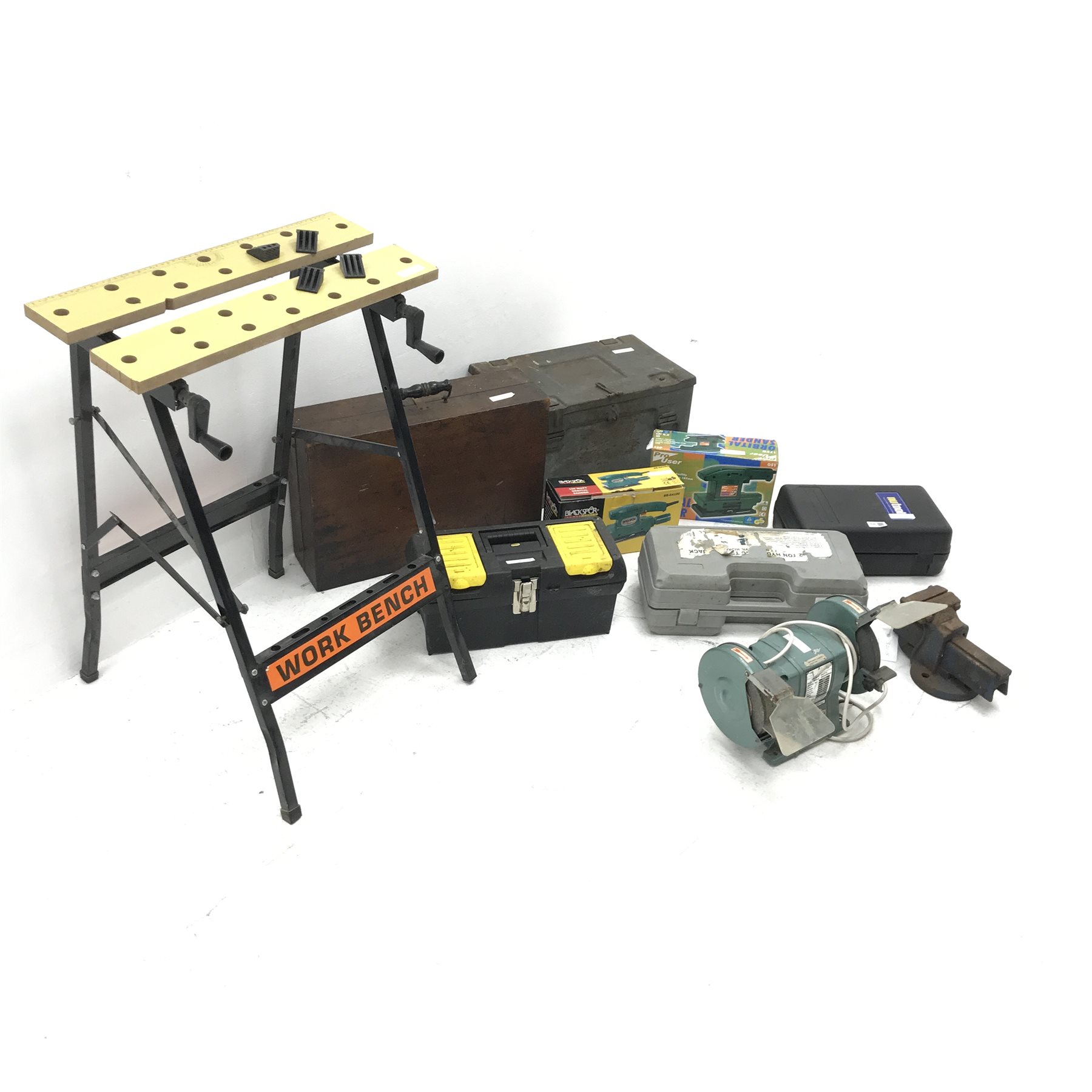 A quantity of tools including Nutool grinder, bench vice, trolley jack, folding work bench etc - Image 2 of 3