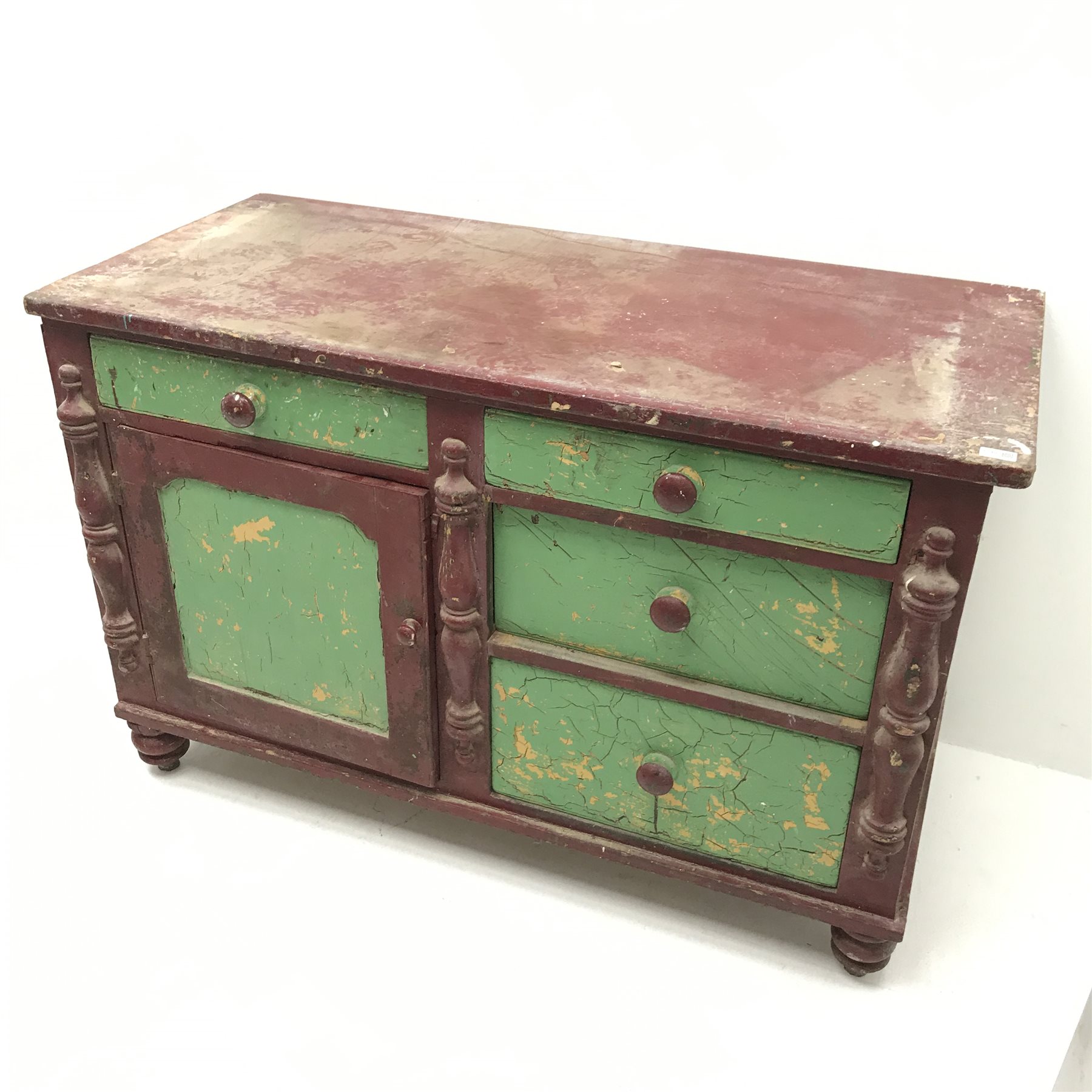 Victorian painted pine dresser base, four graduating drawers, single cupboard, turned supports, W135 - Image 3 of 3