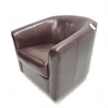 Swivel tub chair upholstered in chocolate brown leather, W80cm