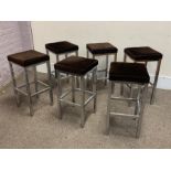 Six tall upholstered stools with polished metal bases, 37cm x 37cm, H75cm