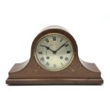 Early 20th century mahogany cased mantle clock, inlaid with chequered stringing, satinwood band and