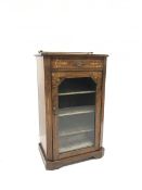 Victorian inlaid walnut music cabinet, single drawer above glazed door enclosing three shelves, W53c