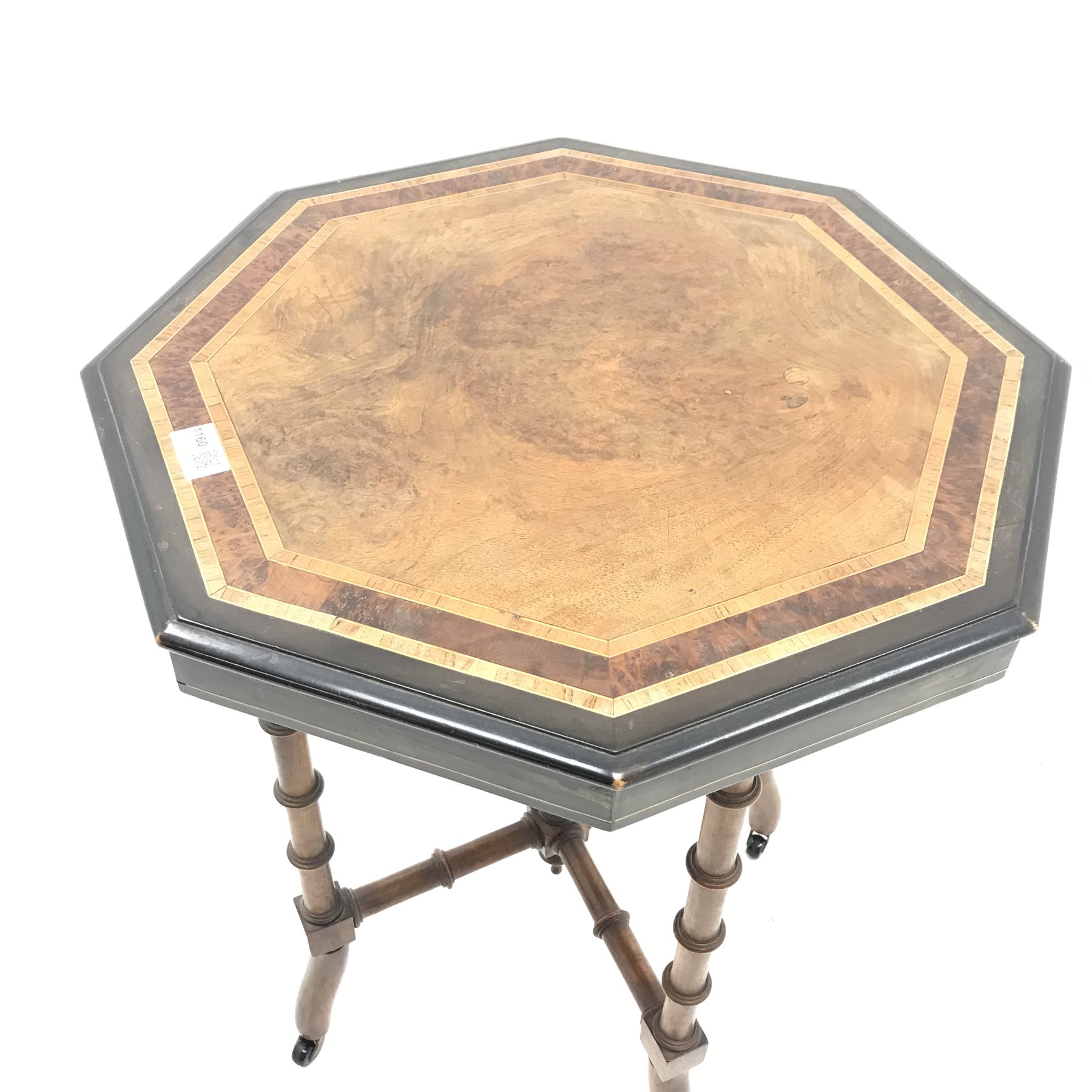 Late Victorian octagonal inlaid walnut, ebonised and amboyna veneered occasional table, D50cm, H64cm - Image 2 of 3