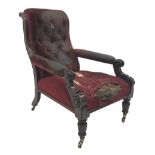 19th century mahogany framed library armchair, scrolled deep buttoned back and open arms on lobed t