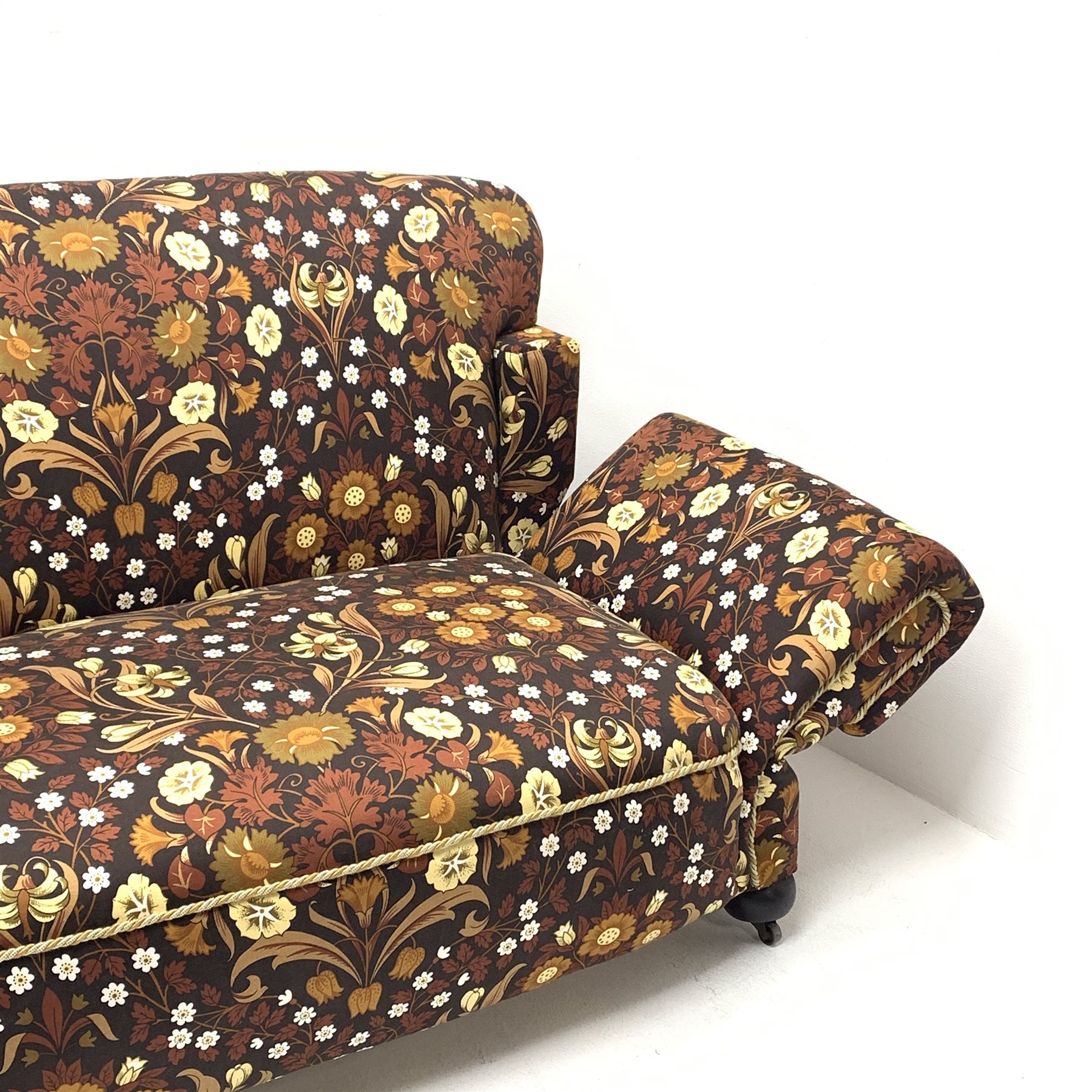 Early 20th century two seat drop end settee upholstered in Willam Morris style patterned fabric, tur - Image 4 of 4