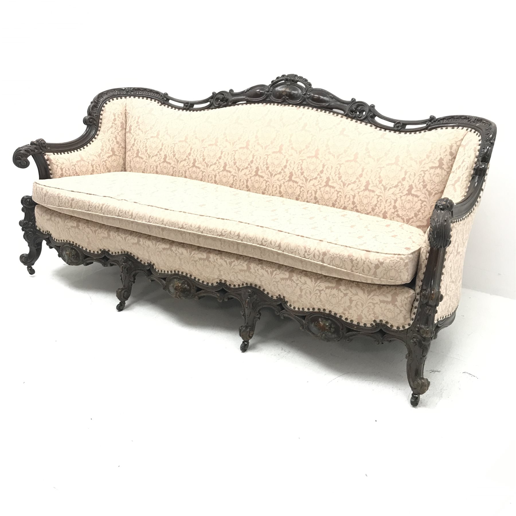 French style carved walnut framed three seat sofa upholstered in alight pink fabric with floral patt - Image 3 of 5