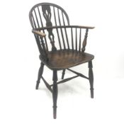 19th century low back ash and elm Windsor armchair, turned supports, W55cm