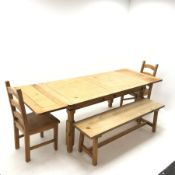 Pine dining table, two additional leaves, turned supports (W250cm, H77cm, D90cm) single bench and pa