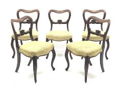 Set six Victorian mahogany dining chairs, shaped cresting rail above carved middle rail, serpentine