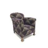 Art Deco style arm chair, upholstered in purple fabric, with square supports, W70cm
