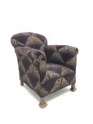 Art Deco style arm chair, upholstered in purple fabric, with square supports, W70cm