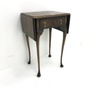 Early 20th century mahogany occasional drop leaf side table, single drawer, cabriole legs on pad fee