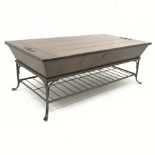 Rectangular coffee table mahogany hinged top, on wrought metal base with undertier, W134cm, H49cm, D