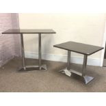 Rectangular top café bistro table on polished metal base (120cm x 68cm, H105cm), and a similar small