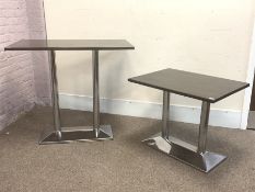 Rectangular top café bistro table on polished metal base (120cm x 68cm, H105cm), and a similar small