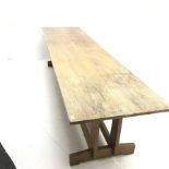 Early 20th century oak 10' refectory style table, tapering supports joined by double floor stretcher