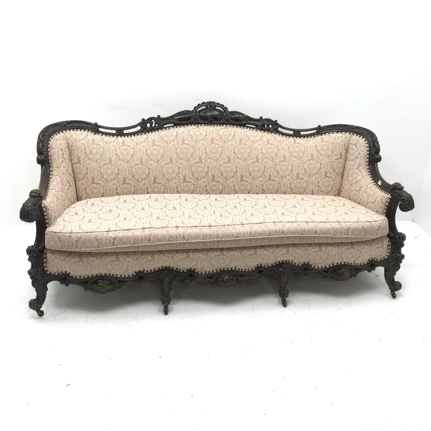 French style carved walnut framed three seat sofa upholstered in alight pink fabric with floral patt - Image 2 of 5