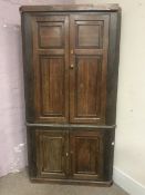 Large 18/19th century oak floor standing corner cupboard, four panelled doors, plinth base, W117cm,