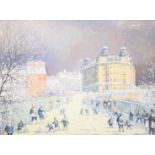 After Alan Stuttle (British 1939-): Snowball Fight on Spa Bridge 'Scarborough', colour print on canv
