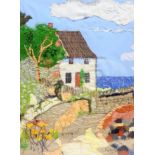 Ann Lamb (British 1955-): Lady Palmer's Cottage Runswick Bay, fabric and hand stitched collage, sign