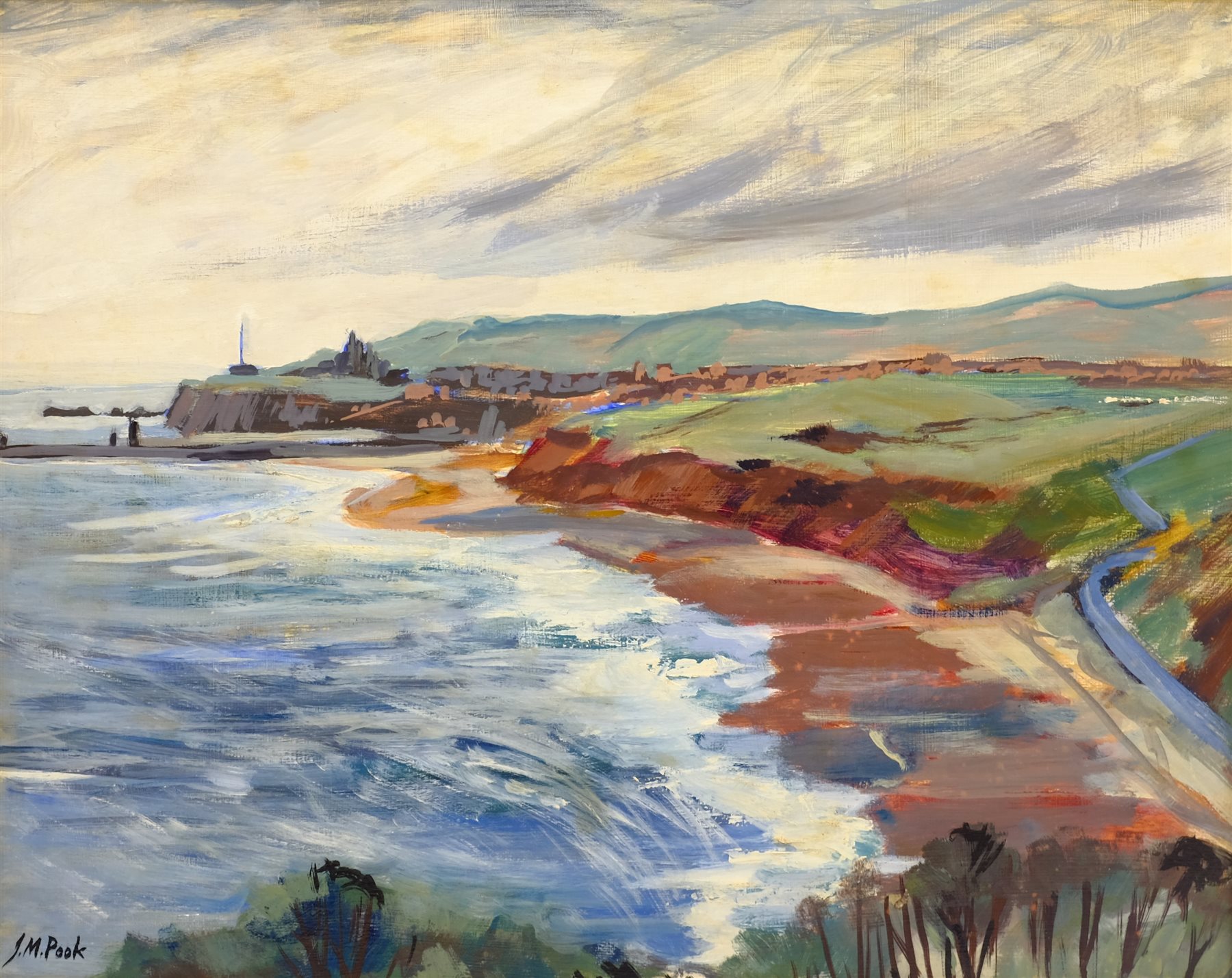 Joan M Pook (British 1927-2011): 'Whitby' from Lythe Bank, oil on board signed, title label verso 34 - Image 2 of 4