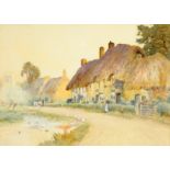 Arthur Claude Strachan (British 1865-1938): Horses and Ducks by a Thatched Cottage, watercolour sign