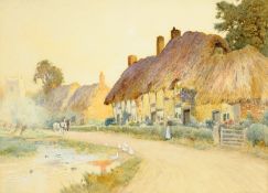 Arthur Claude Strachan (British 1865-1938): Horses and Ducks by a Thatched Cottage, watercolour sign